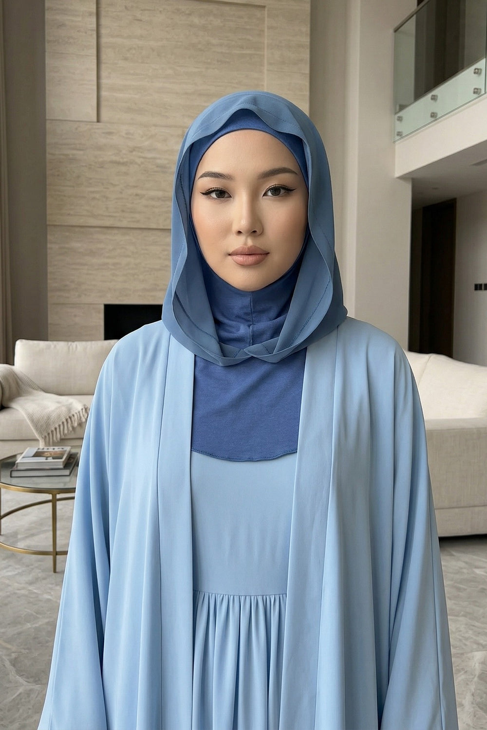 Neck-Covering Jersey Bonnet with Chiffon Hood, Full-Coverage Bonnet with Lightweight Chiffon Hood,B-95 İndigo