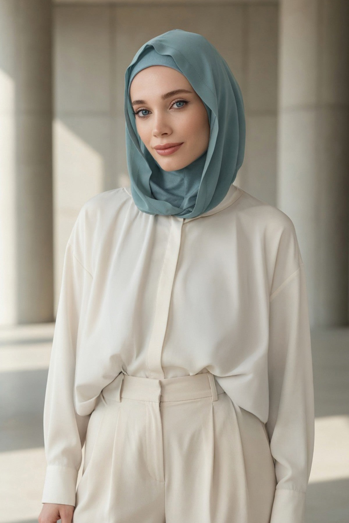 Neck-Covering Jersey Bonnet with Chiffon Hood, Full-Coverage Bonnet with Lightweight Chiffon Hood,B-95 Dark Mint-Almond Green