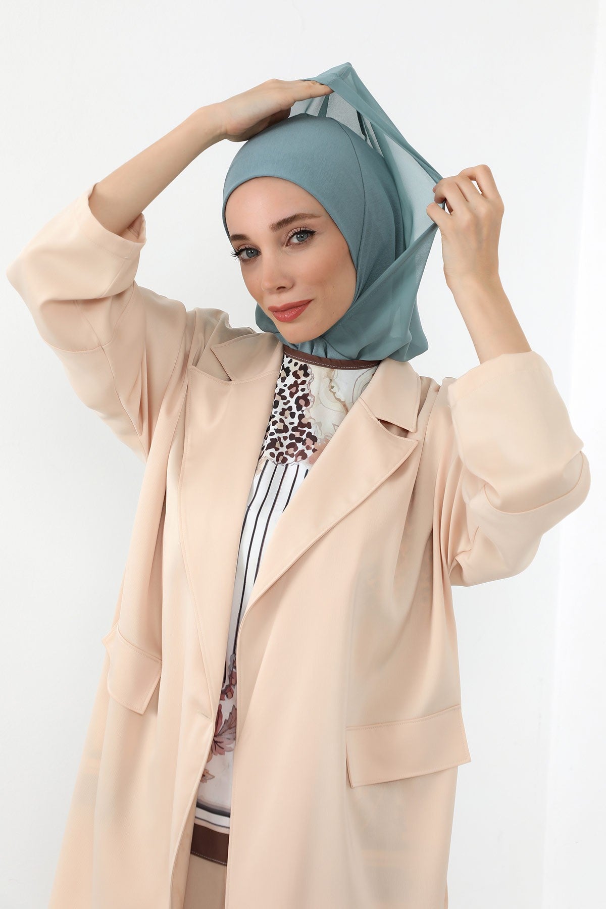 Neck-Covering Jersey Bonnet with Chiffon Hood, Full-Coverage Bonnet with Lightweight Chiffon Hood,B-95 Dark Mint-Almond Green