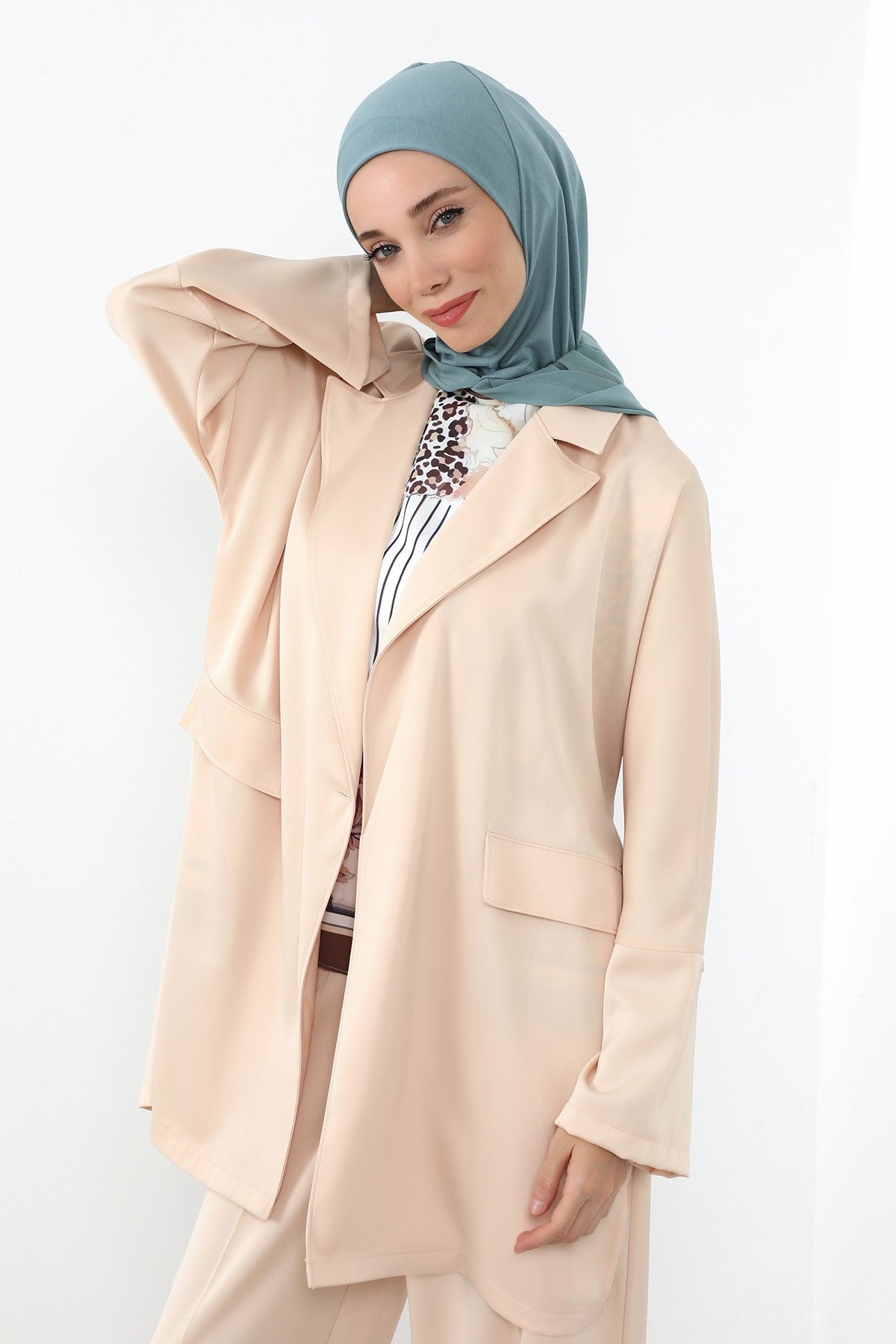 Neck-Covering Jersey Bonnet with Chiffon Hood, Full-Coverage Bonnet with Lightweight Chiffon Hood,B-95 Dark Mint-Almond Green
