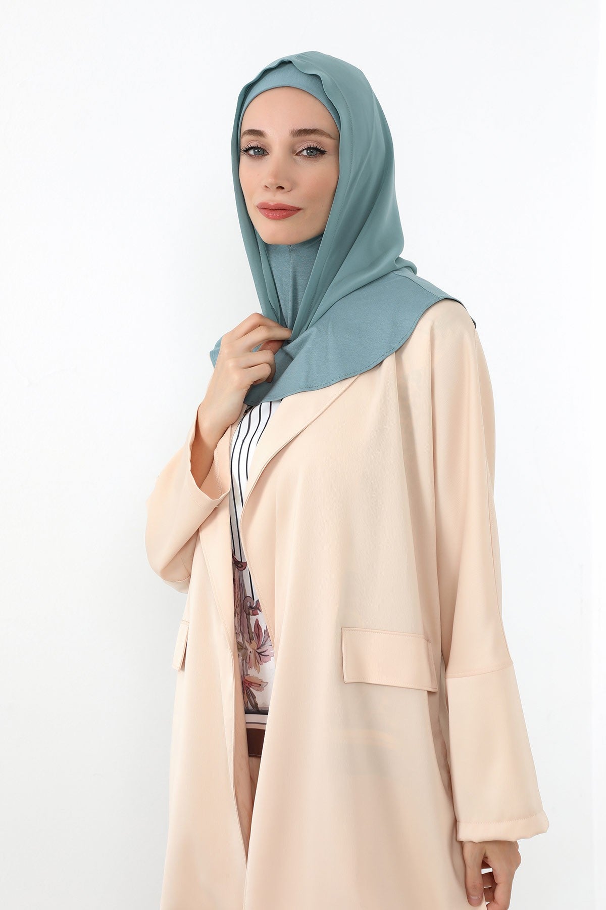 Neck-Covering Jersey Bonnet with Chiffon Hood, Full-Coverage Bonnet with Lightweight Chiffon Hood,B-95 Dark Mint-Almond Green