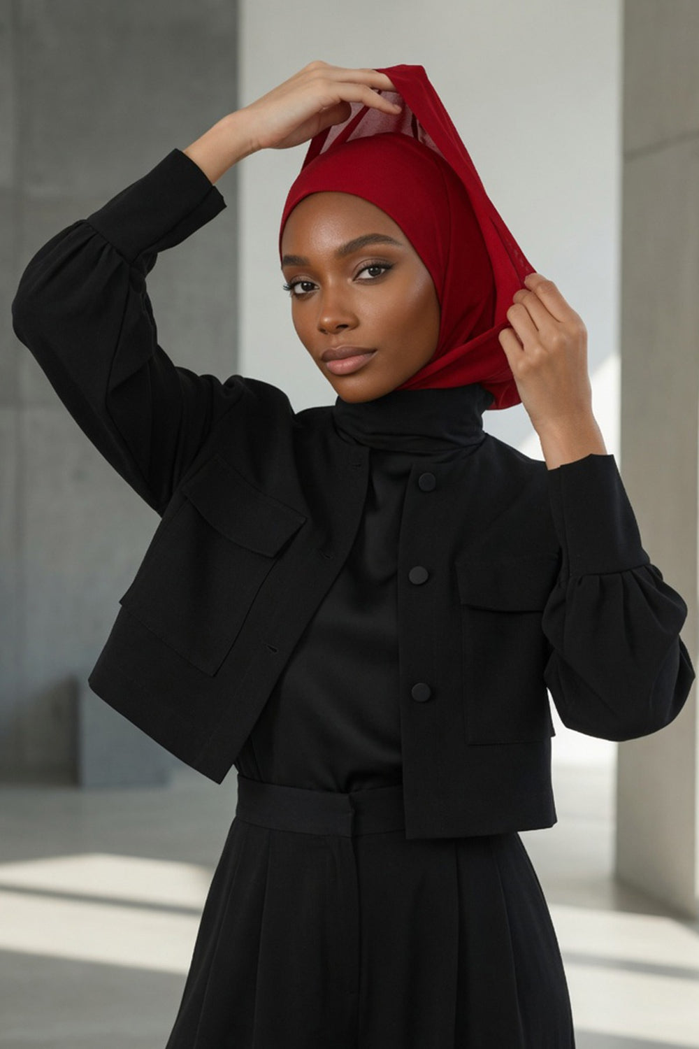 Neck-Covering Jersey Bonnet with Chiffon Hood, Full-Coverage Bonnet with Lightweight Chiffon Hood,B-95 Maroon