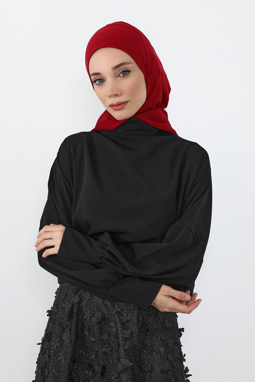 Neck-Covering Jersey Bonnet with Chiffon Hood, Full-Coverage Bonnet with Lightweight Chiffon Hood,B-95 Maroon