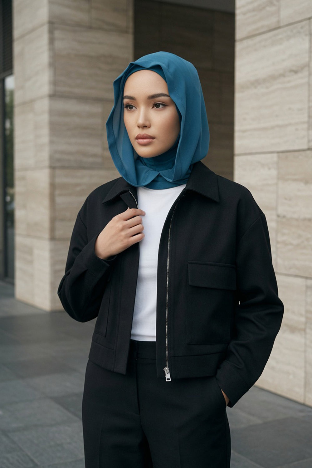 Neck-Covering Jersey Bonnet with Chiffon Hood, Full-Coverage Bonnet with Lightweight Chiffon Hood,B-95 Petrol