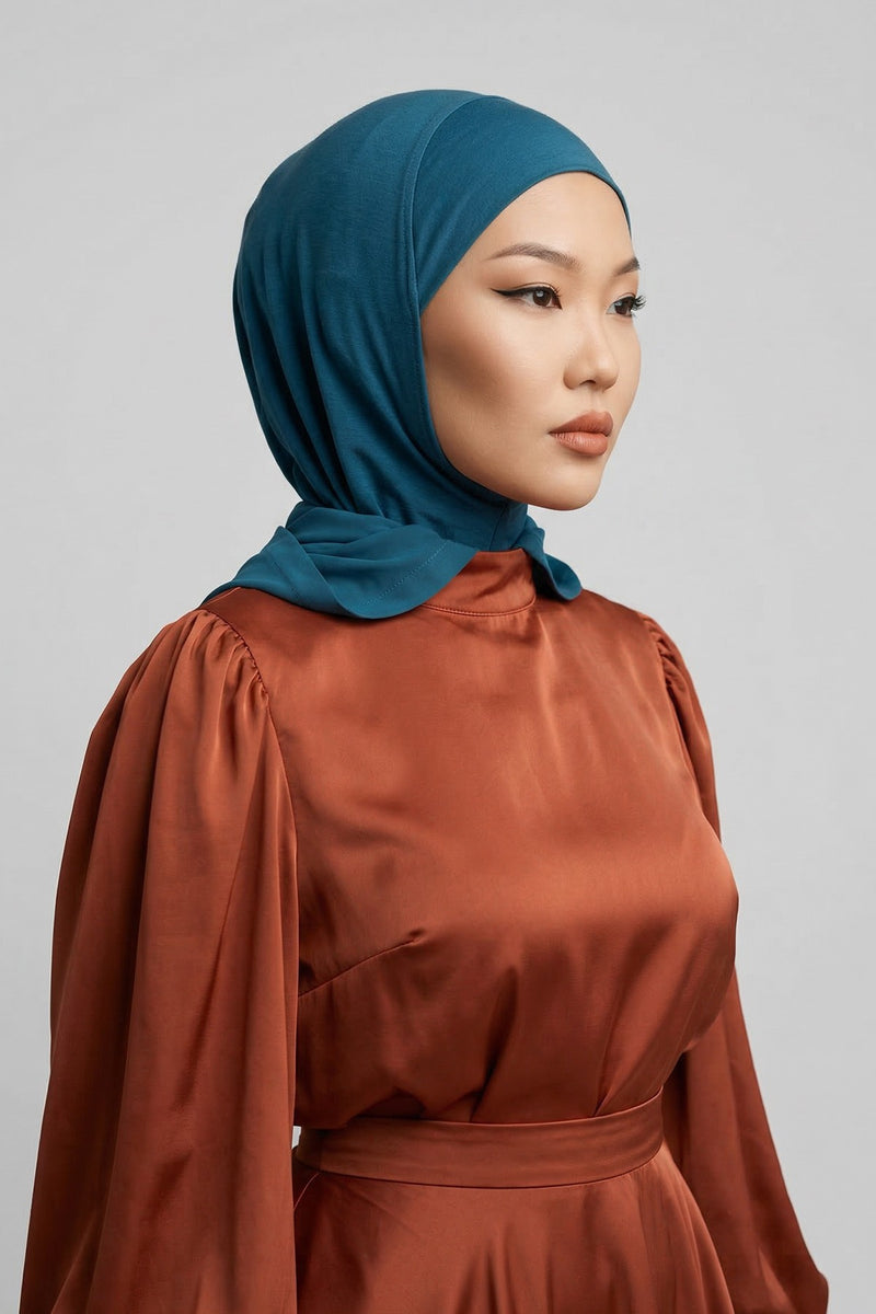 Neck-Covering Jersey Bonnet with Chiffon Hood, Full-Coverage Bonnet with Lightweight Chiffon Hood,B-95