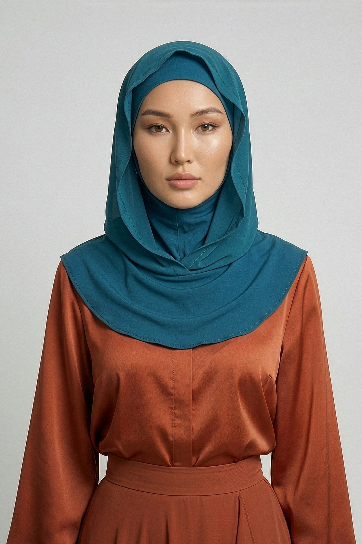 Neck-Covering Jersey Bonnet with Chiffon Hood, Full-Coverage Bonnet with Lightweight Chiffon Hood,B-95 Petrol