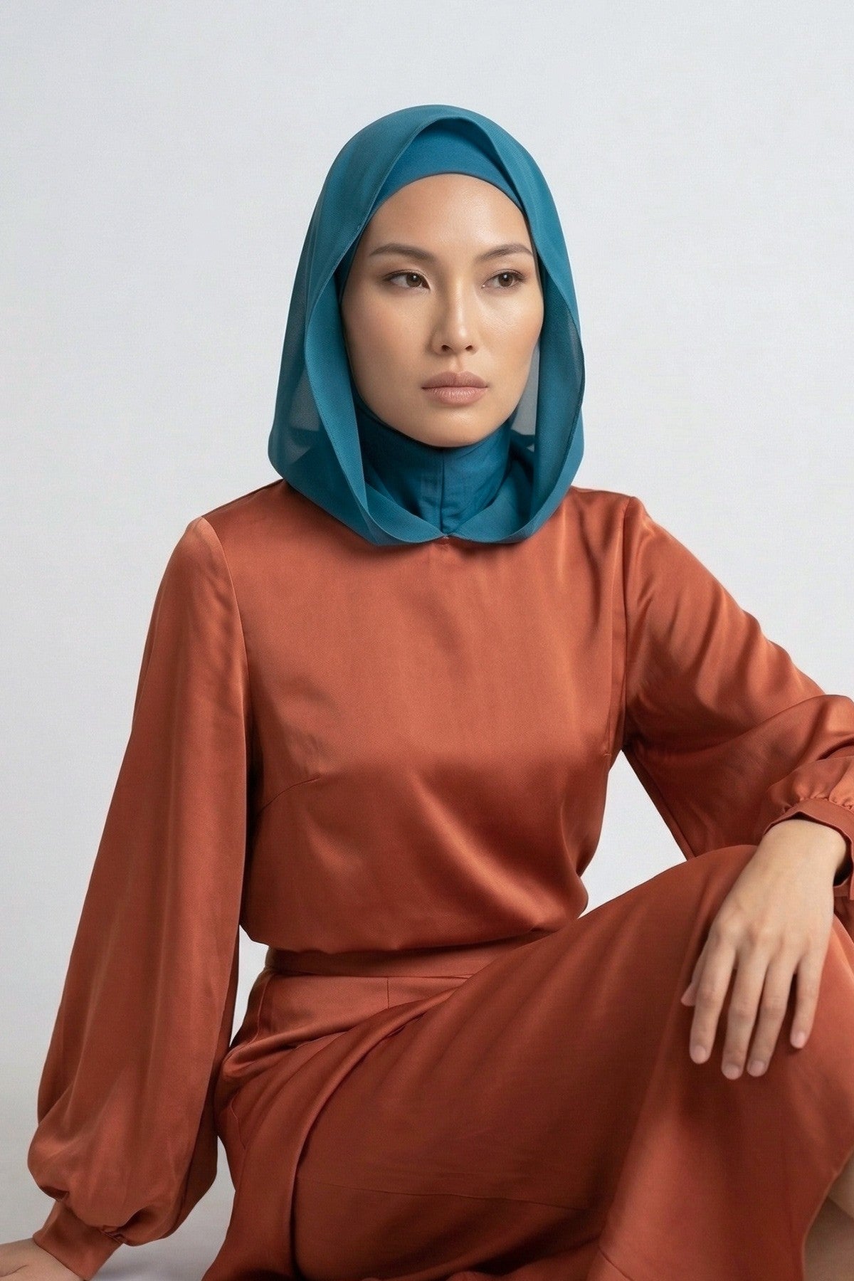 Neck-Covering Jersey Bonnet with Chiffon Hood, Full-Coverage Bonnet with Lightweight Chiffon Hood,B-95 Petrol