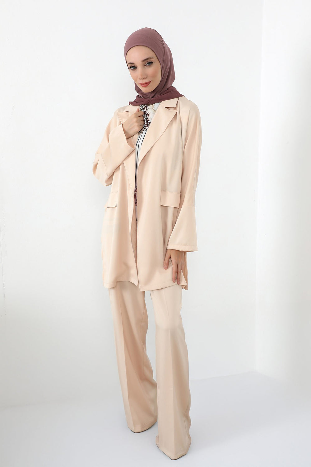 Neck-Covering Jersey Bonnet with Chiffon Hood, Full-Coverage Bonnet with Lightweight Chiffon Hood,B-95 Dusty Rose