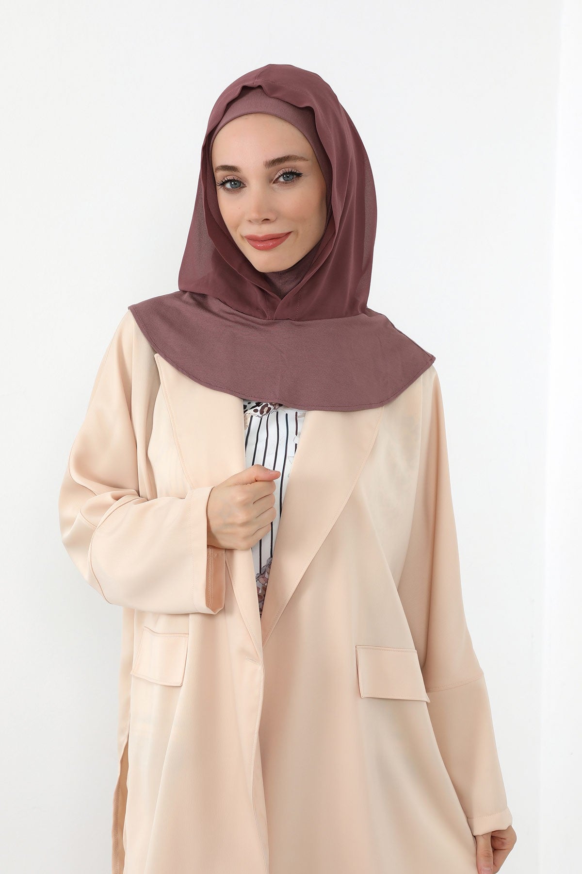 Neck-Covering Jersey Bonnet with Chiffon Hood, Full-Coverage Bonnet with Lightweight Chiffon Hood,B-95 Dusty Rose