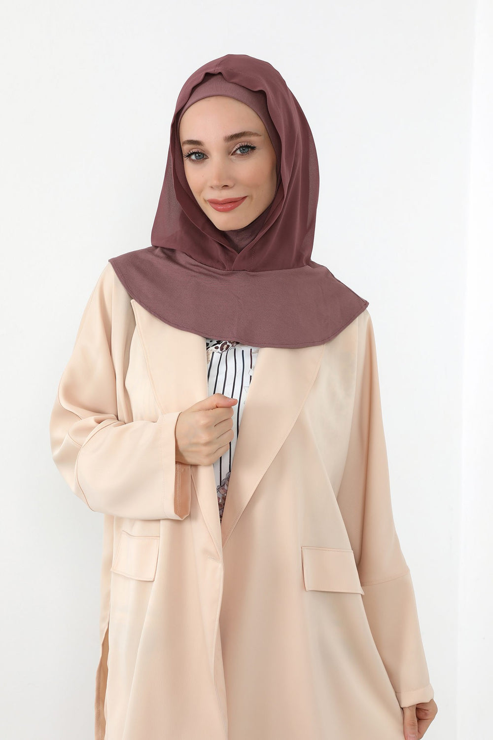 Neck-Covering Jersey Bonnet with Chiffon Hood, Full-Coverage Bonnet with Lightweight Chiffon Hood,B-95 Dusty Rose