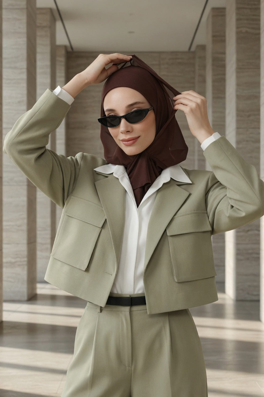 Neck-Covering Jersey Bonnet with Chiffon Hood, Full-Coverage Bonnet with Lightweight Chiffon Hood,B-95 Brown