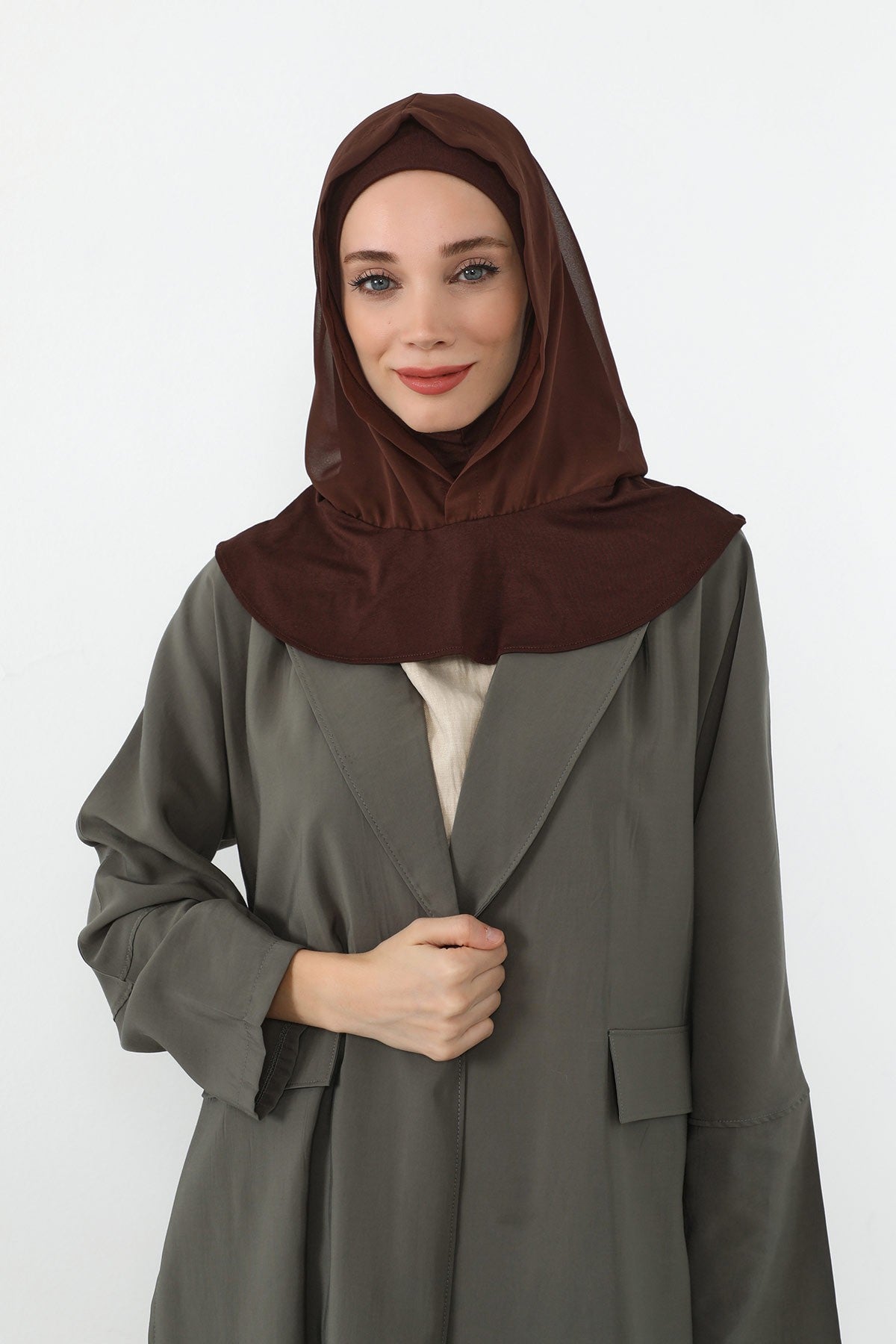 Neck-Covering Jersey Bonnet with Chiffon Hood, Full-Coverage Bonnet with Lightweight Chiffon Hood,B-95 Brown