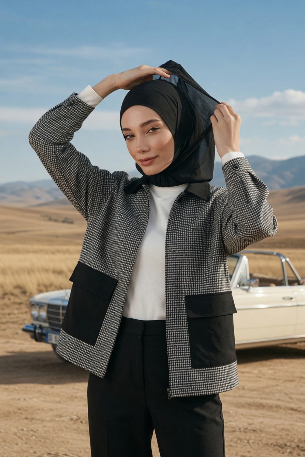 Neck-Covering Jersey Bonnet with Chiffon Hood, Full-Coverage Bonnet with Lightweight Chiffon Hood,B-95 Black