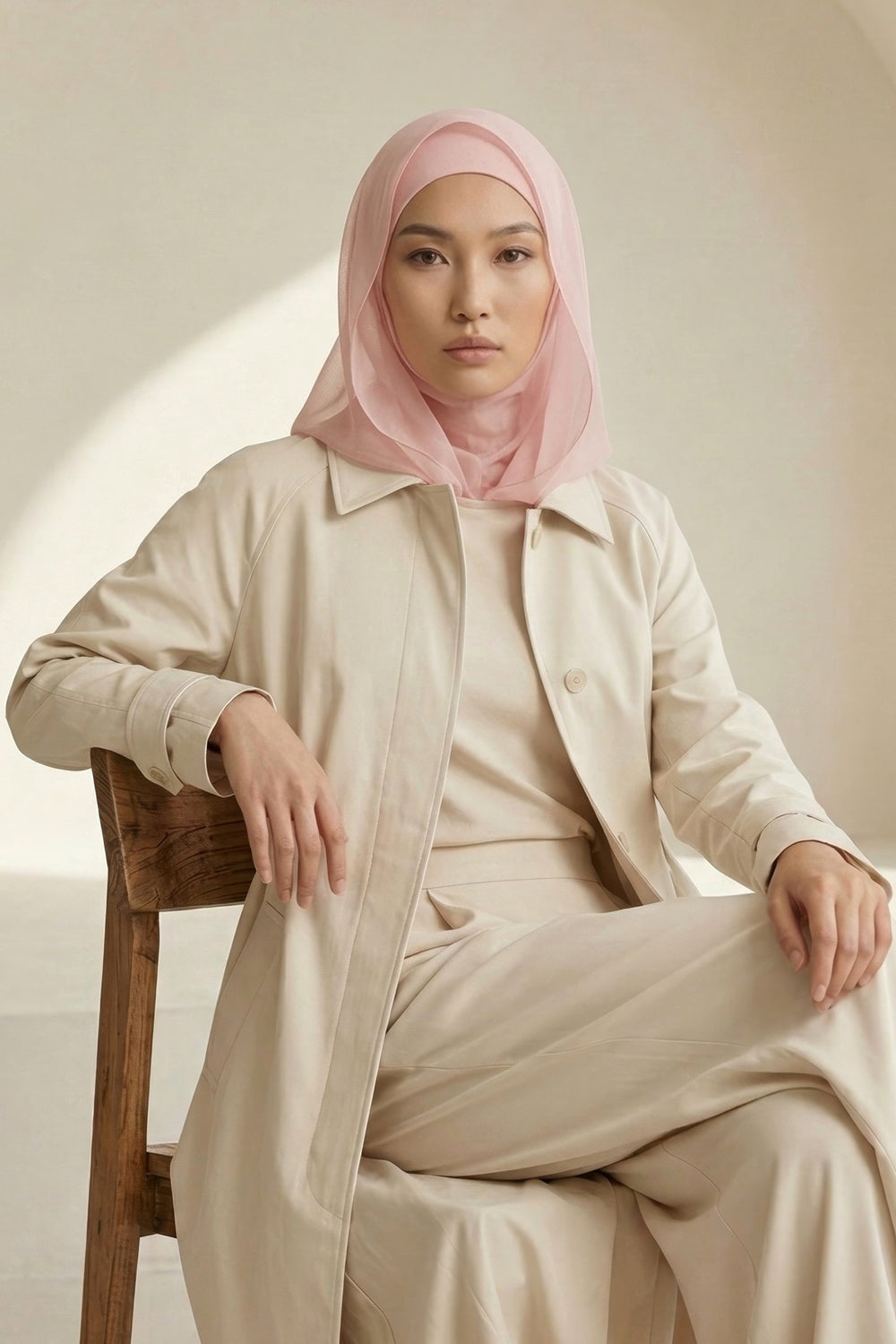 Neck-Covering Jersey Bonnet with Chiffon Hood, Full-Coverage Bonnet with Lightweight Chiffon Hood,B-95 Powder