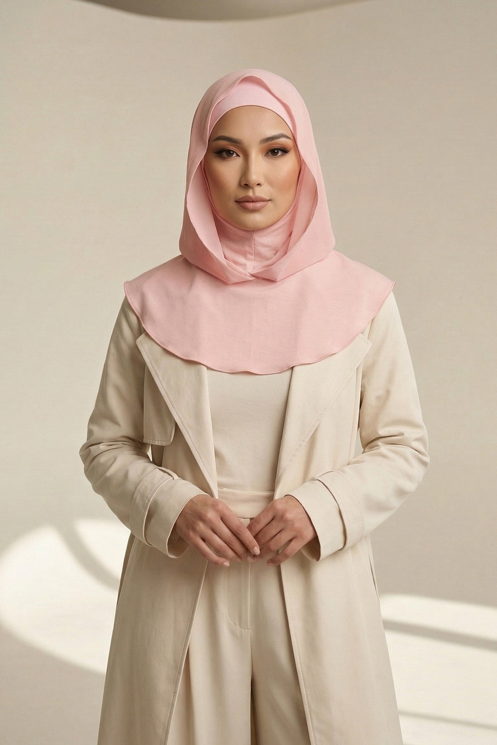 Neck-Covering Jersey Bonnet with Chiffon Hood, Full-Coverage Bonnet with Lightweight Chiffon Hood,B-95 Powder