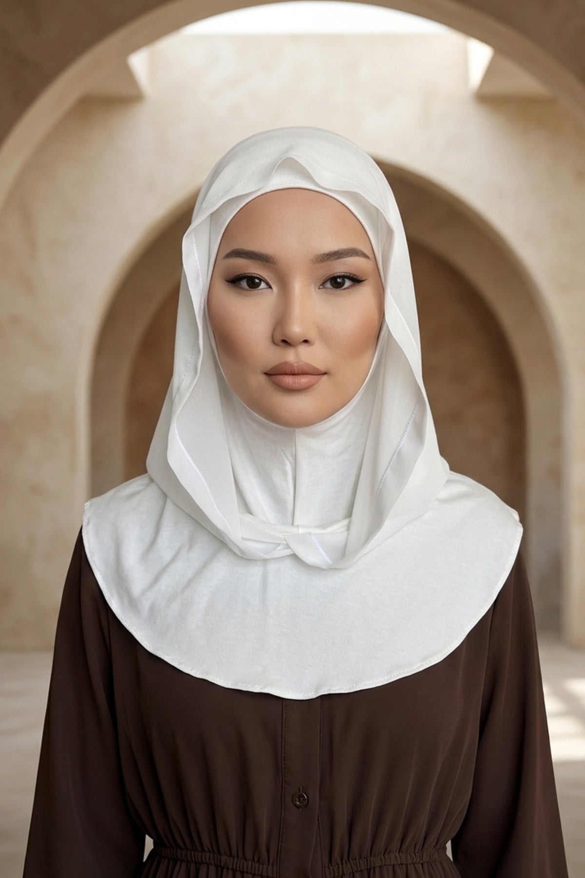Neck-Covering Jersey Bonnet with Chiffon Hood, Full-Coverage Bonnet with Lightweight Chiffon Hood,B-95 Ivory