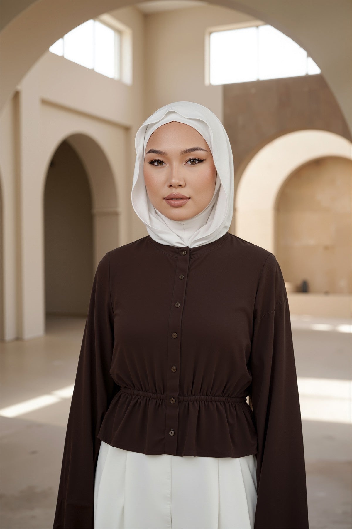 Neck-Covering Jersey Bonnet with Chiffon Hood, Full-Coverage Bonnet with Lightweight Chiffon Hood,B-95 Ivory