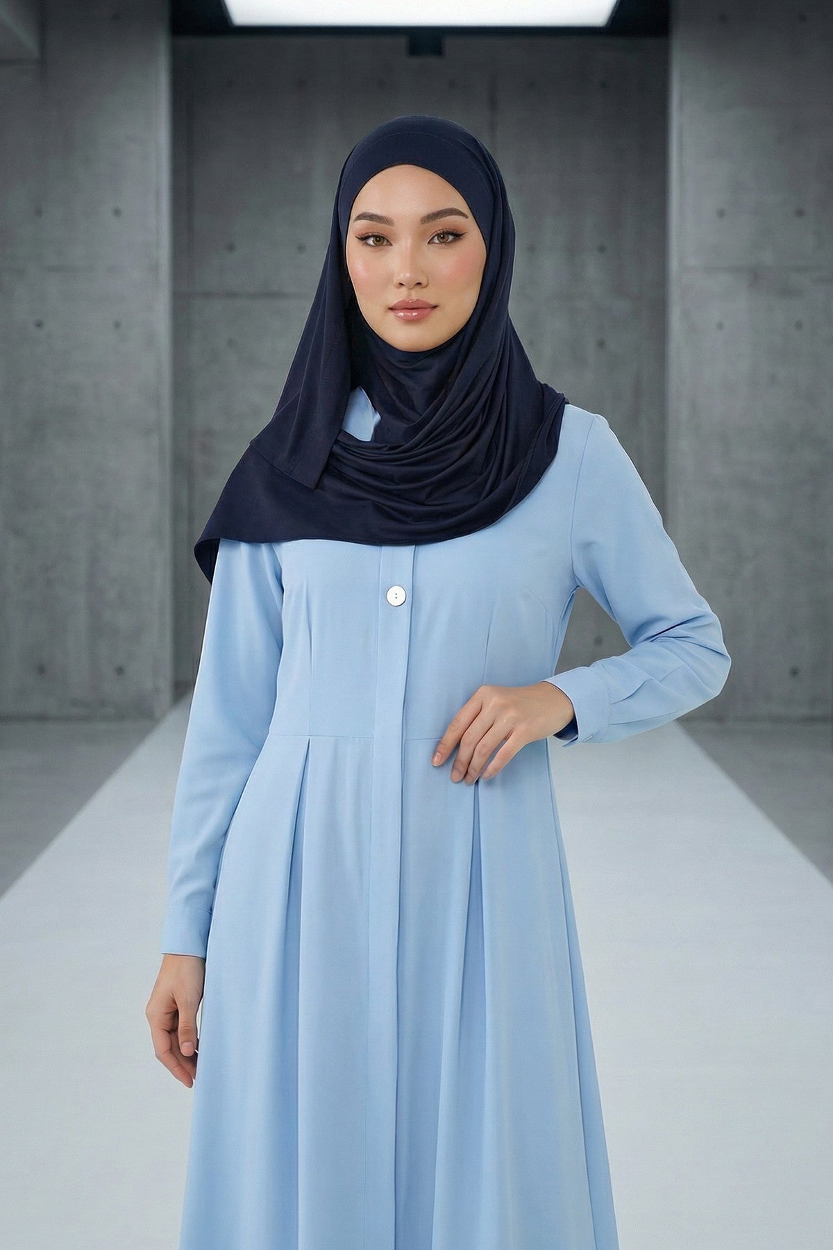 Neck-Covering Jersey Hijab with Built-In Niqab and Undercap, Premium Jersey Hijab with Integrated Bonnet and Face Veil,PS-58 Navy Blue
