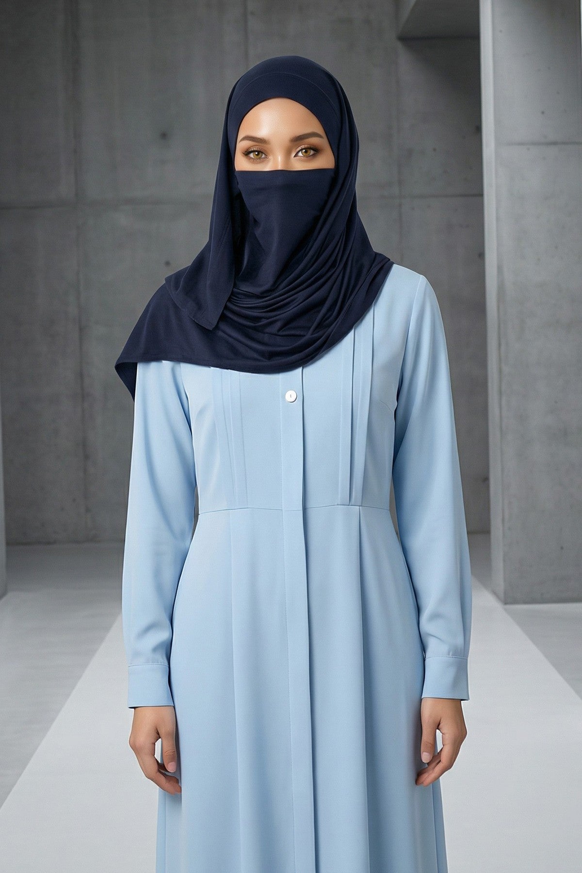 Neck-Covering Jersey Hijab with Built-In Niqab and Undercap, Premium Jersey Hijab with Integrated Bonnet and Face Veil,PS-58 Navy Blue