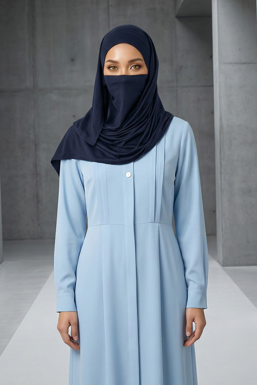 Neck-Covering Jersey Hijab with Built-In Niqab and Undercap, Premium Jersey Hijab with Integrated Bonnet and Face Veil,PS-58 Navy Blue