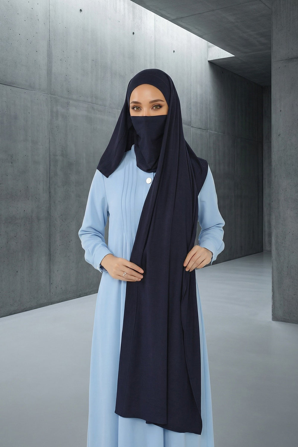Neck-Covering Jersey Hijab with Built-In Niqab and Undercap, Premium Jersey Hijab with Integrated Bonnet and Face Veil,PS-58 Navy Blue