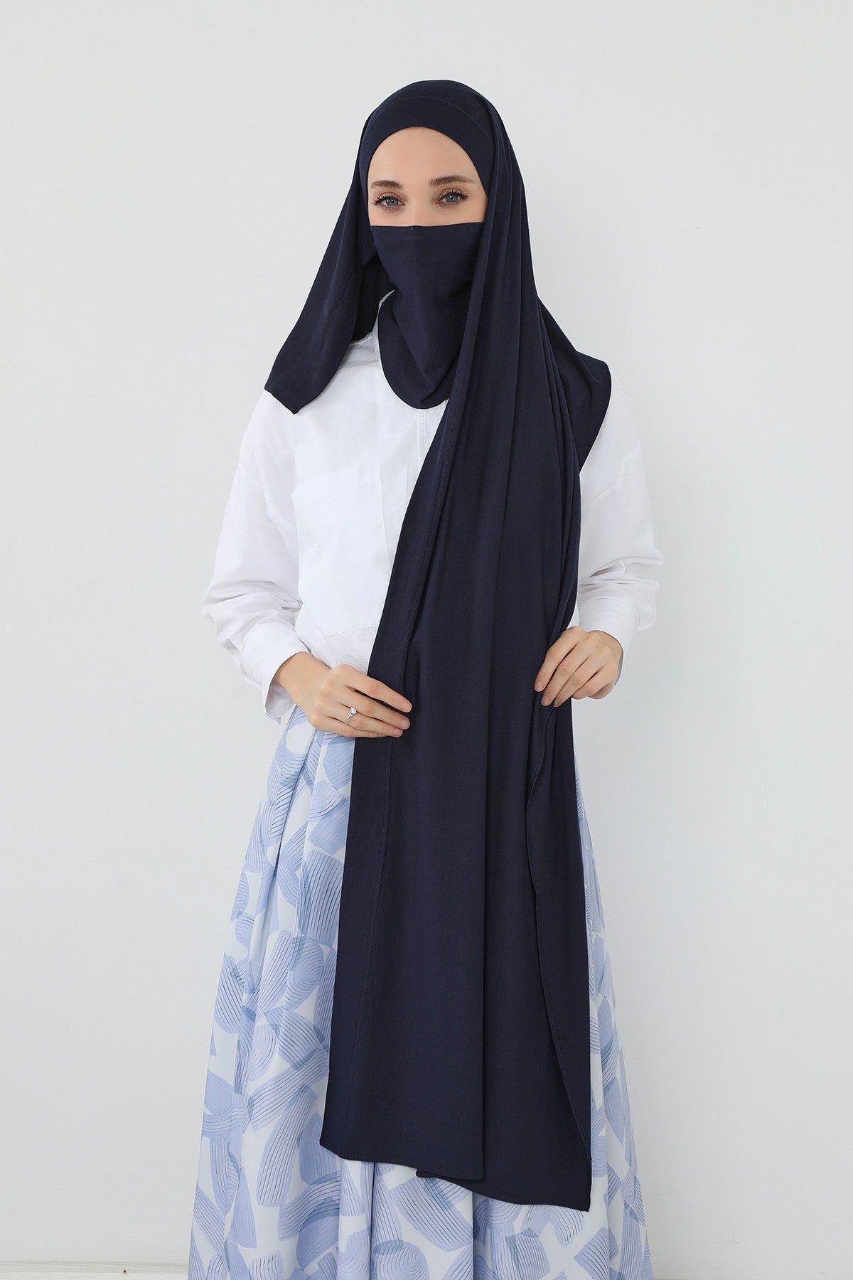Neck-Covering Jersey Hijab with Built-In Niqab and Undercap, Premium Jersey Hijab with Integrated Bonnet and Face Veil,PS-58 Navy Blue