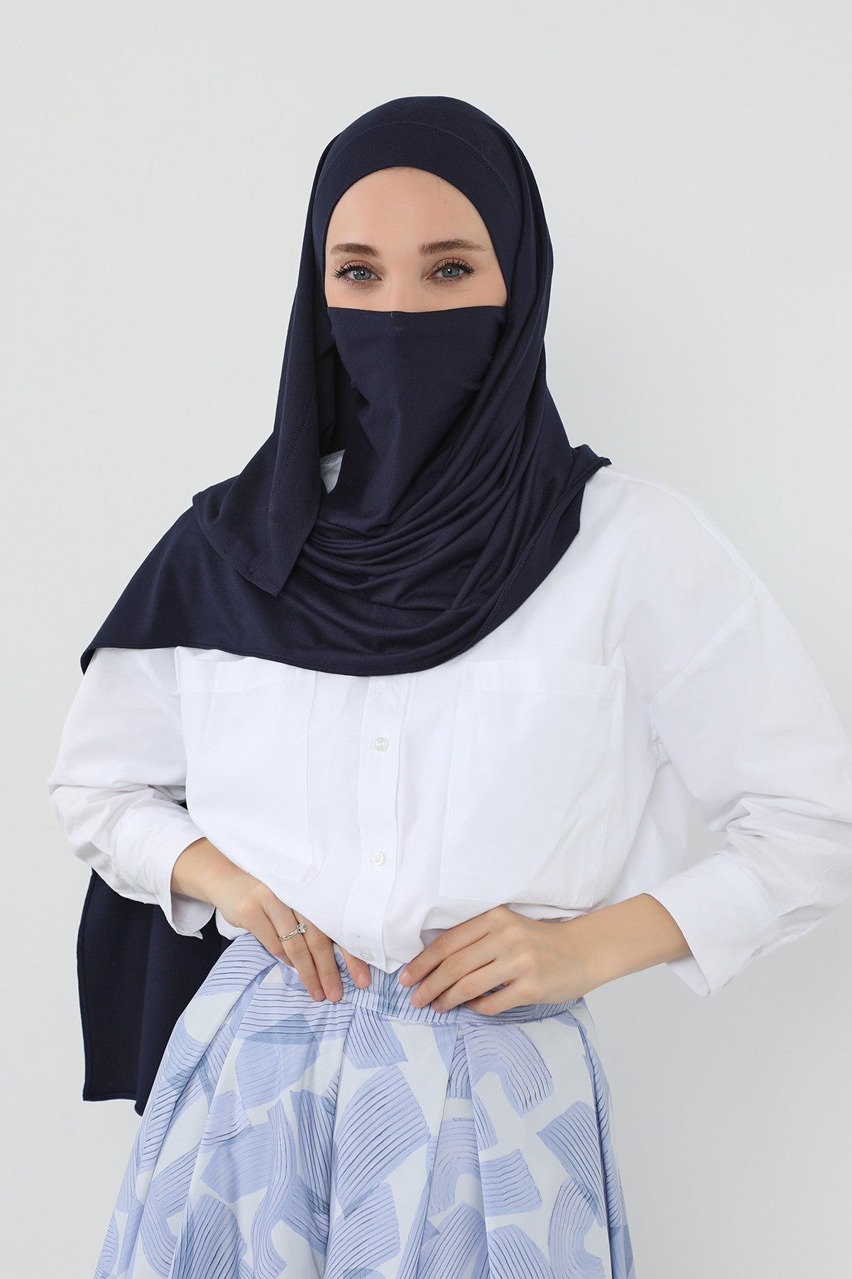 Neck-Covering Jersey Hijab with Built-In Niqab and Undercap, Premium Jersey Hijab with Integrated Bonnet and Face Veil,PS-58 Navy Blue
