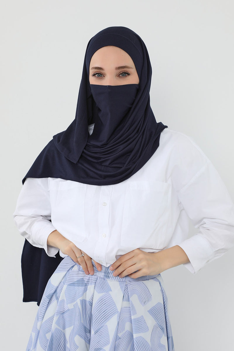 Neck-Covering Jersey Hijab with Built-In Niqab and Undercap, Premium Jersey Hijab with Integrated Bonnet and Face Veil,PS-58
