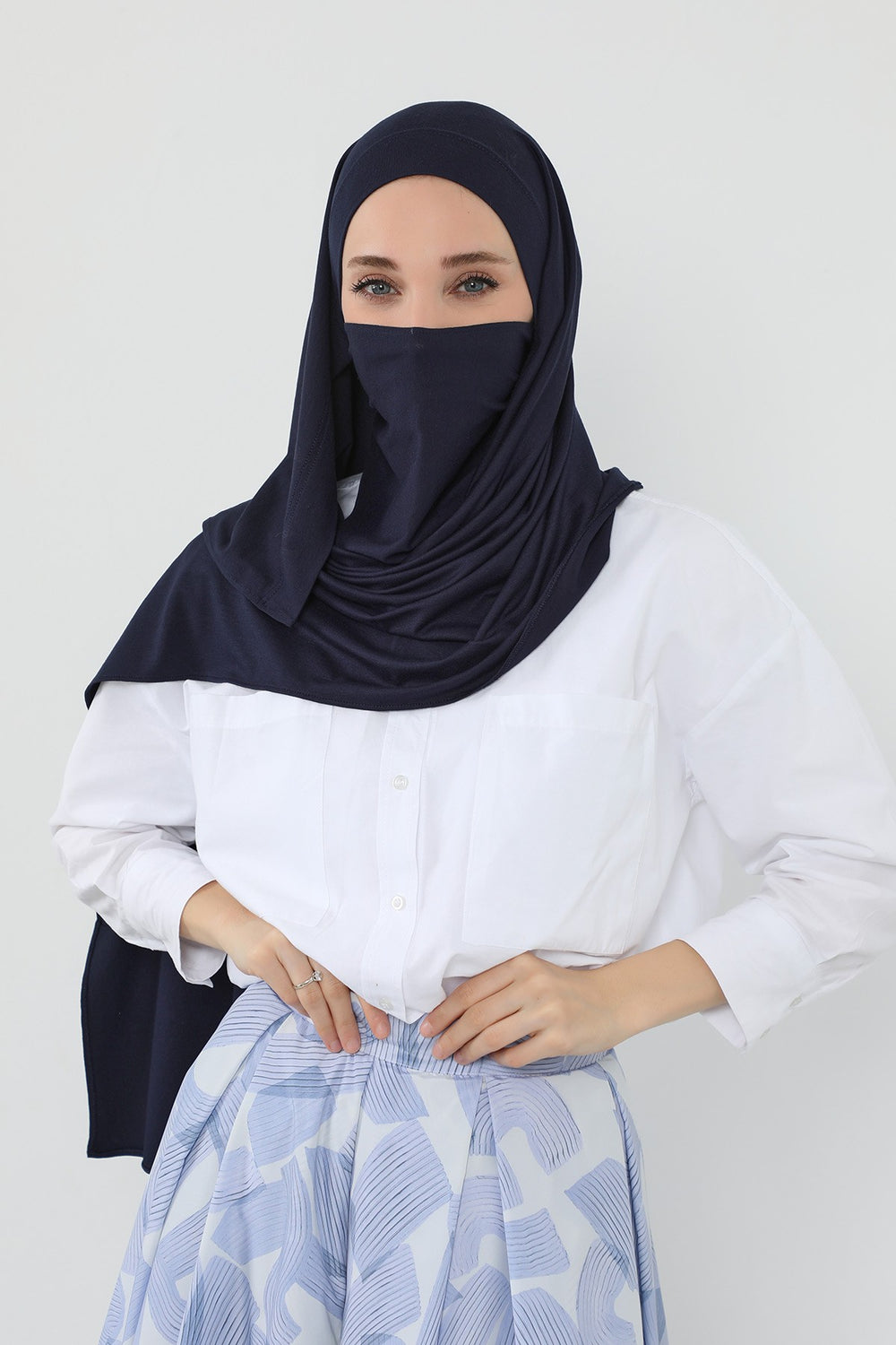 Neck-Covering Jersey Hijab with Built-In Niqab and Undercap, Premium Jersey Hijab with Integrated Bonnet and Face Veil,PS-58 Navy Blue