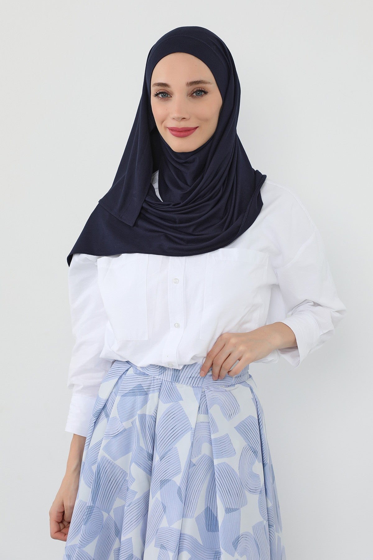 Neck-Covering Jersey Hijab with Built-In Niqab and Undercap, Premium Jersey Hijab with Integrated Bonnet and Face Veil,PS-58 Navy Blue