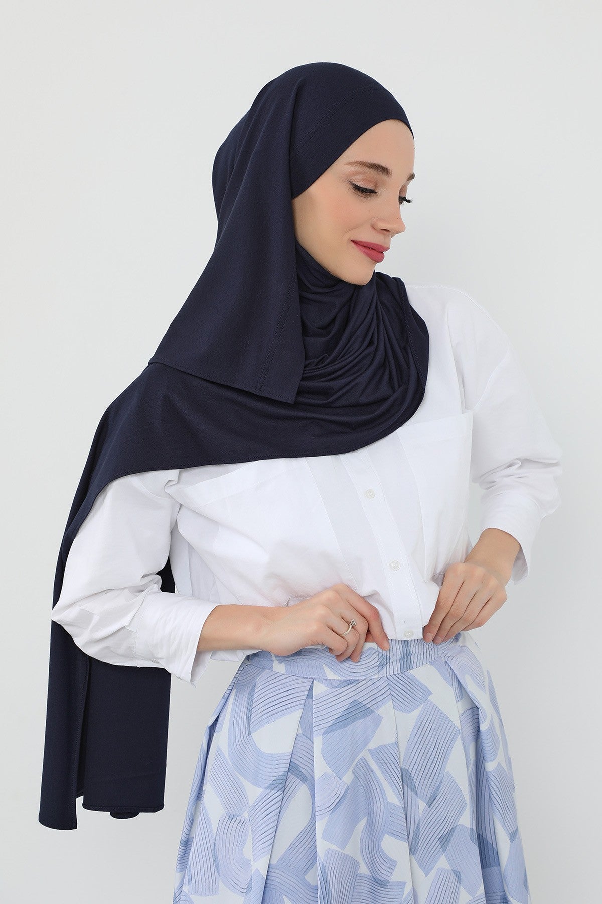 Neck-Covering Jersey Hijab with Built-In Niqab and Undercap, Premium Jersey Hijab with Integrated Bonnet and Face Veil,PS-58 Navy Blue