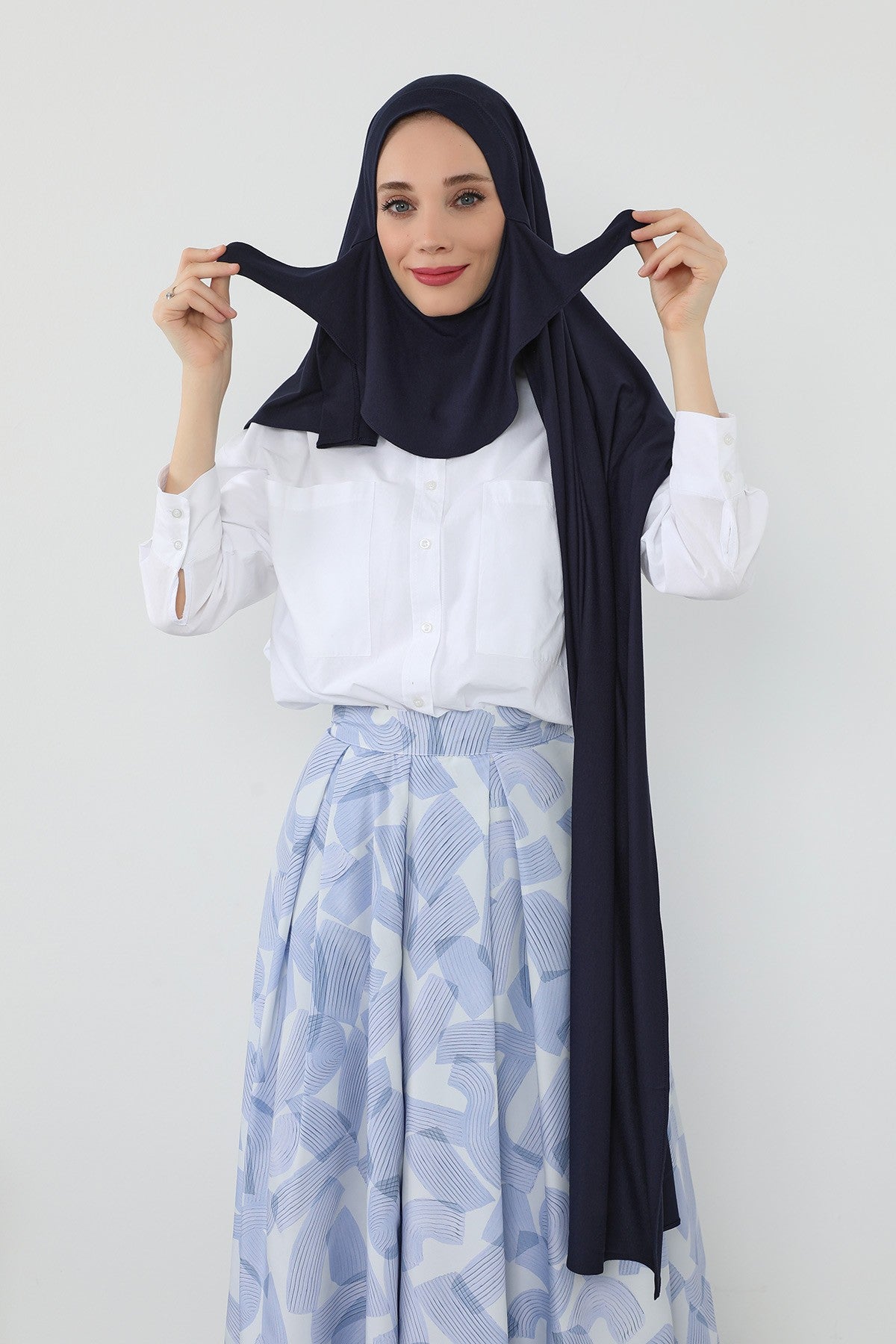 Neck-Covering Jersey Hijab with Built-In Niqab and Undercap, Premium Jersey Hijab with Integrated Bonnet and Face Veil,PS-58 Navy Blue