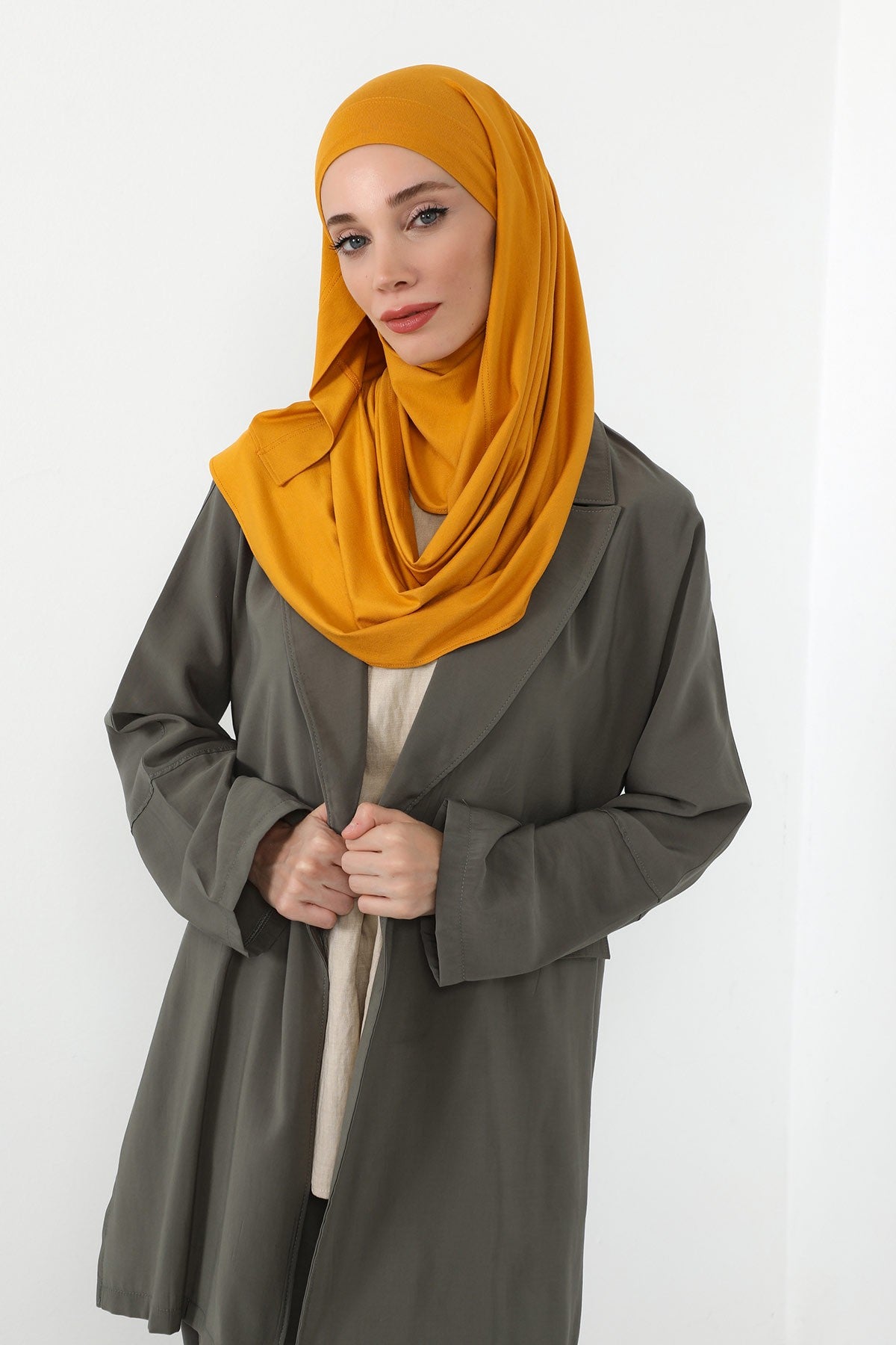 Neck-Covering Jersey Hijab with Built-In Niqab and Undercap, Premium Jersey Hijab with Integrated Bonnet and Face Veil,PS-58 Mustard Yellow