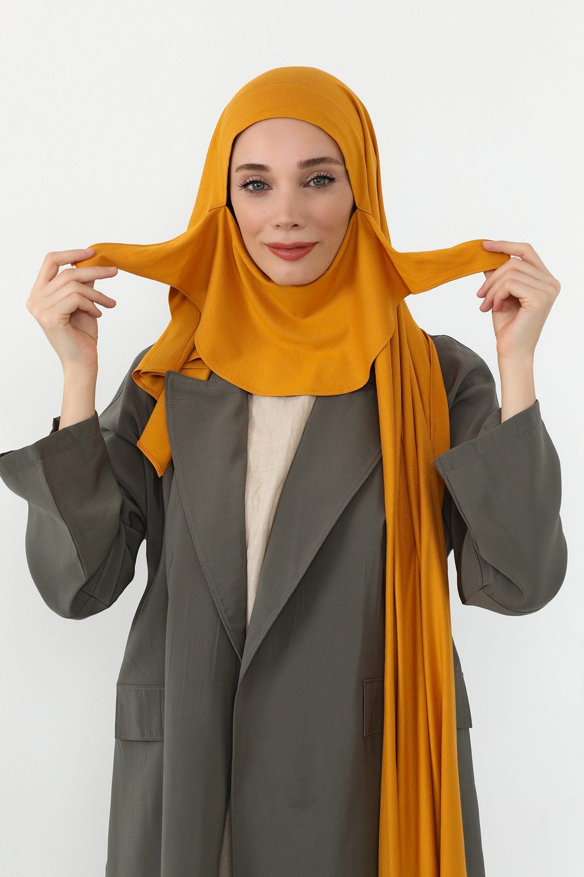 Neck-Covering Jersey Hijab with Built-In Niqab and Undercap, Premium Jersey Hijab with Integrated Bonnet and Face Veil,PS-58 Mustard Yellow