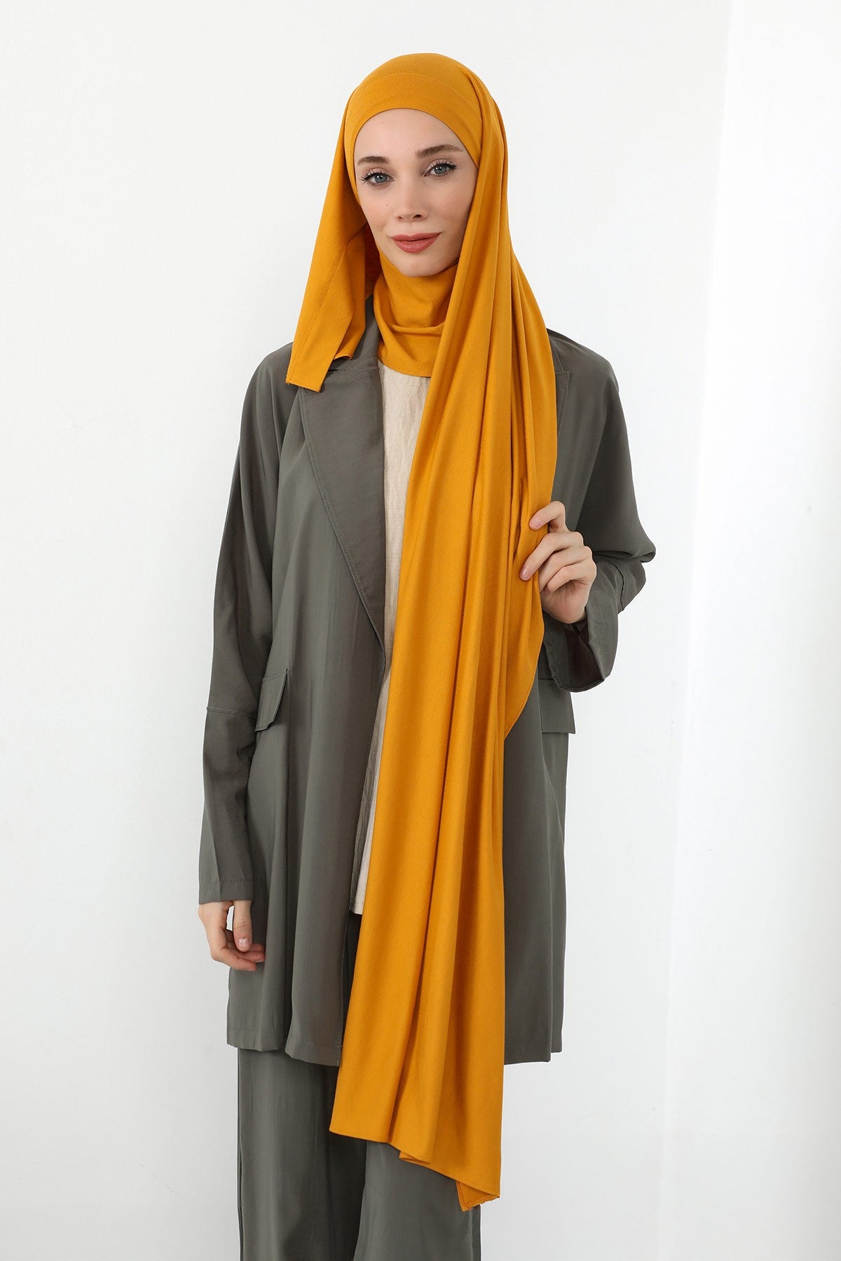 Neck-Covering Jersey Hijab with Built-In Niqab and Undercap, Premium Jersey Hijab with Integrated Bonnet and Face Veil,PS-58 Mustard Yellow