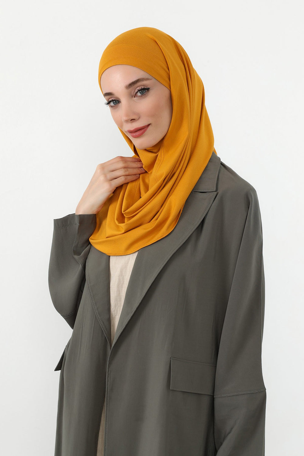 Neck-Covering Jersey Hijab with Built-In Niqab and Undercap, Premium Jersey Hijab with Integrated Bonnet and Face Veil,PS-58 Mustard Yellow