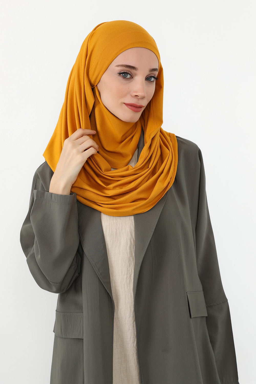 Neck-Covering Jersey Hijab with Built-In Niqab and Undercap, Premium Jersey Hijab with Integrated Bonnet and Face Veil,PS-58 Mustard Yellow