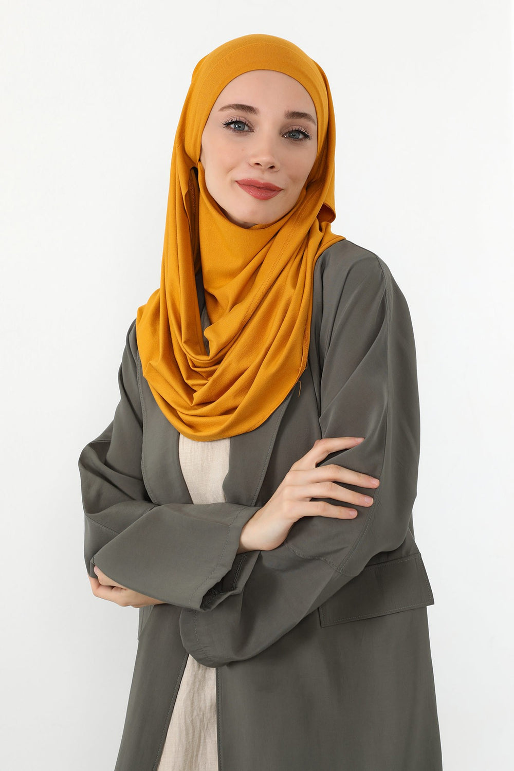 Neck-Covering Jersey Hijab with Built-In Niqab and Undercap, Premium Jersey Hijab with Integrated Bonnet and Face Veil,PS-58 Mustard Yellow