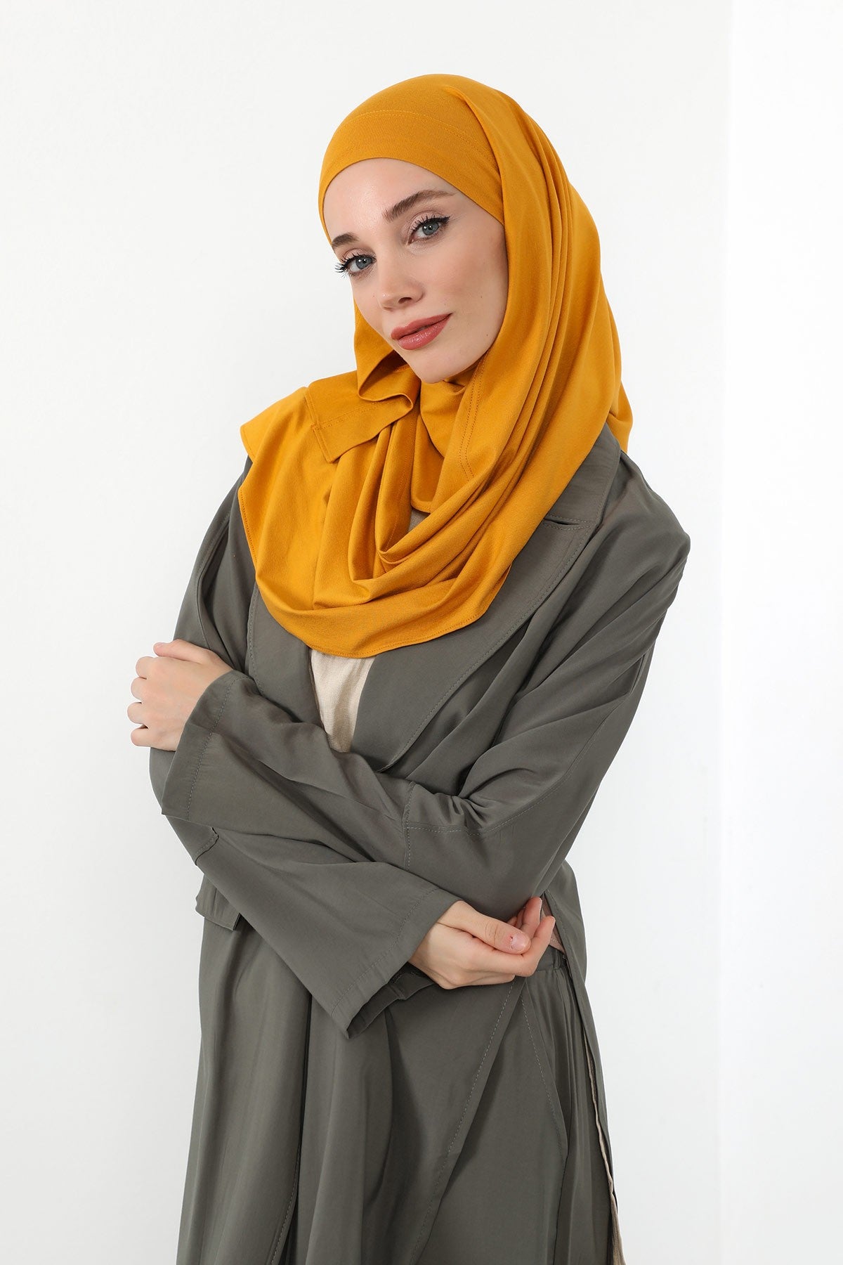 Neck-Covering Jersey Hijab with Built-In Niqab and Undercap, Premium Jersey Hijab with Integrated Bonnet and Face Veil,PS-58 Mustard Yellow