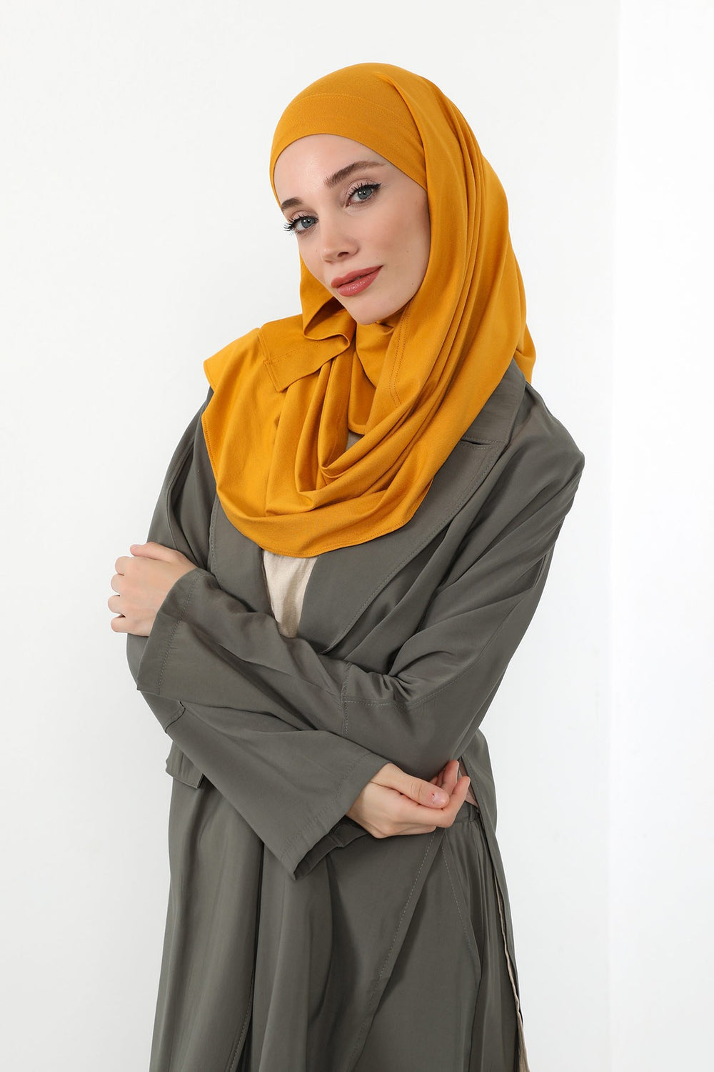 Neck-Covering Jersey Hijab with Built-In Niqab and Undercap, Premium Jersey Hijab with Integrated Bonnet and Face Veil,PS-58 Mustard Yellow