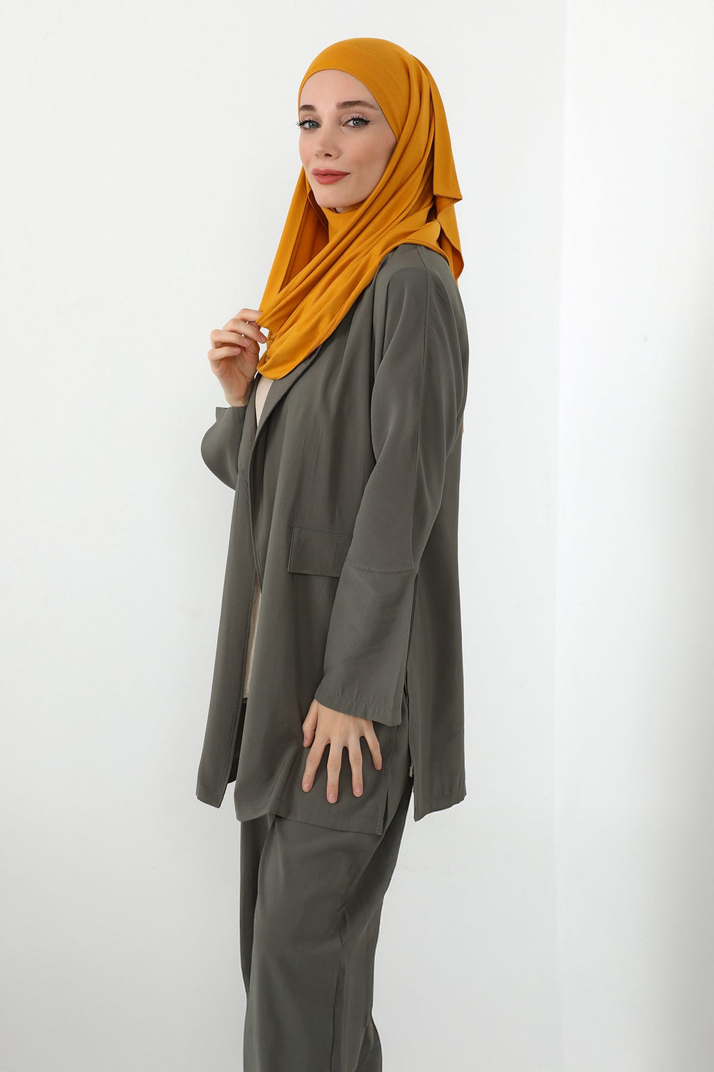 Neck-Covering Jersey Hijab with Built-In Niqab and Undercap, Premium Jersey Hijab with Integrated Bonnet and Face Veil,PS-58 Mustard Yellow
