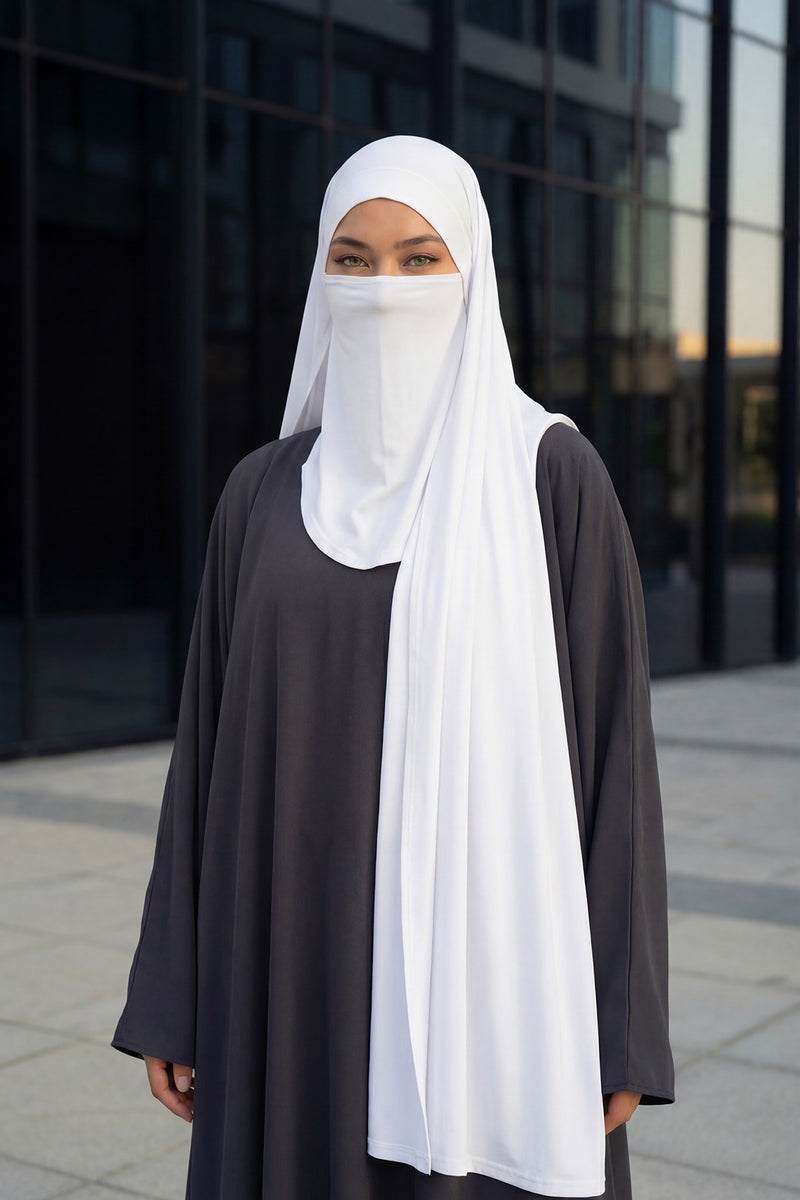 Neck-Covering Jersey Hijab with Built-In Niqab and Undercap, Premium Jersey Hijab with Integrated Bonnet and Face Veil,PS-58