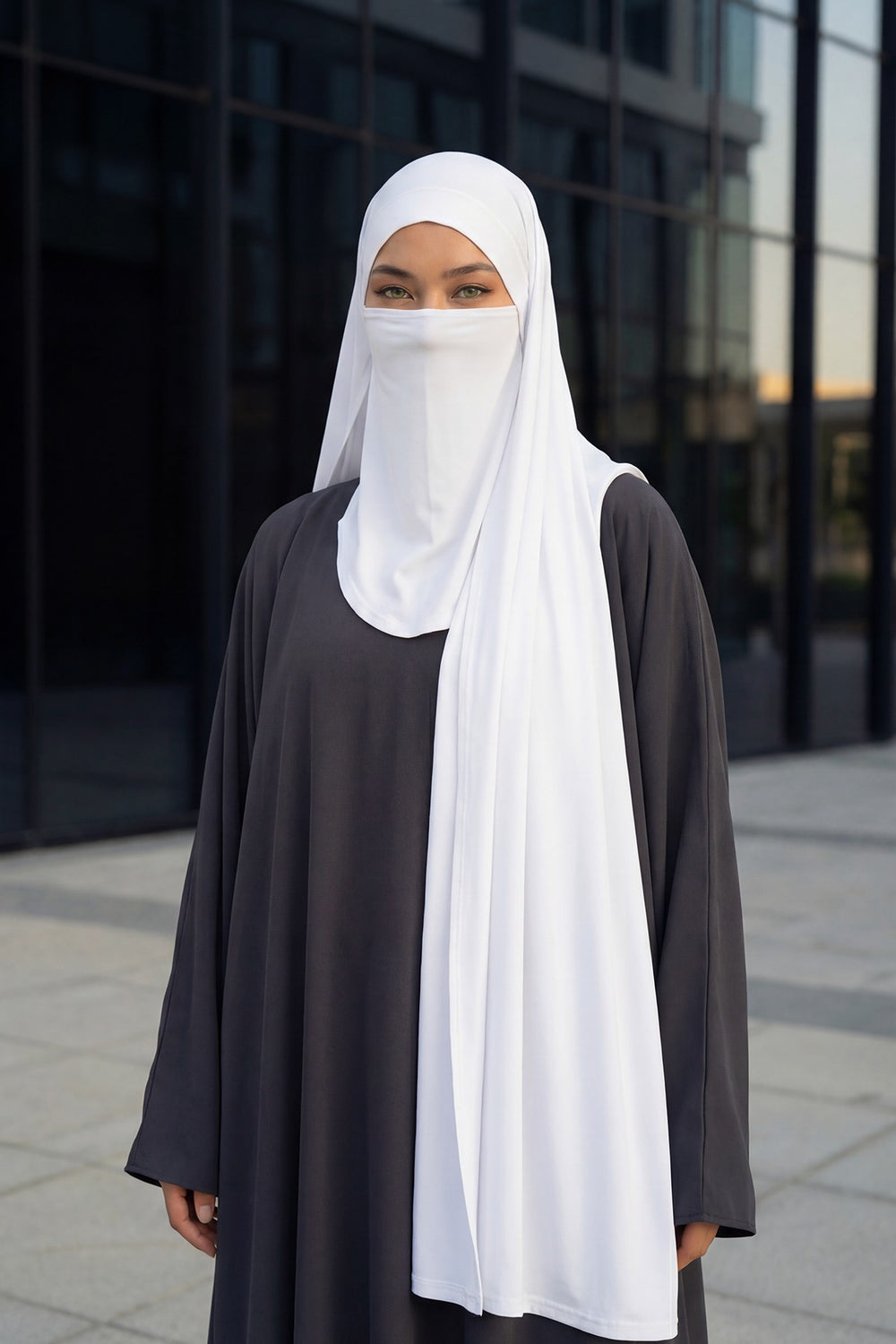 Neck-Covering Jersey Hijab with Built-In Niqab and Undercap, Premium Jersey Hijab with Integrated Bonnet and Face Veil,PS-58 White