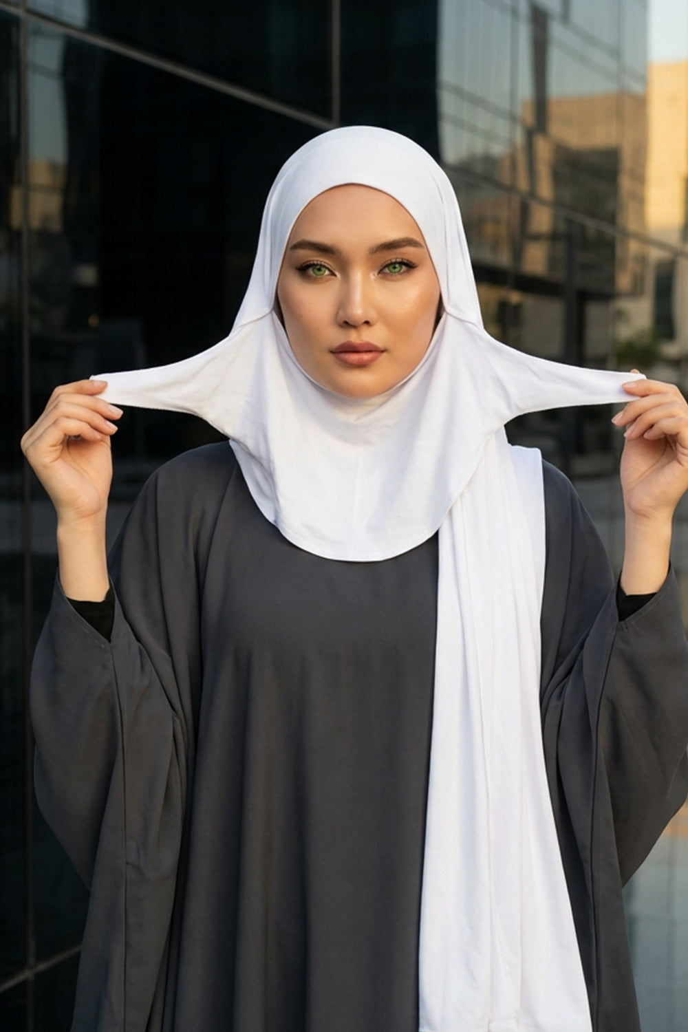 Neck-Covering Jersey Hijab with Built-In Niqab and Undercap, Premium Jersey Hijab with Integrated Bonnet and Face Veil,PS-58 White