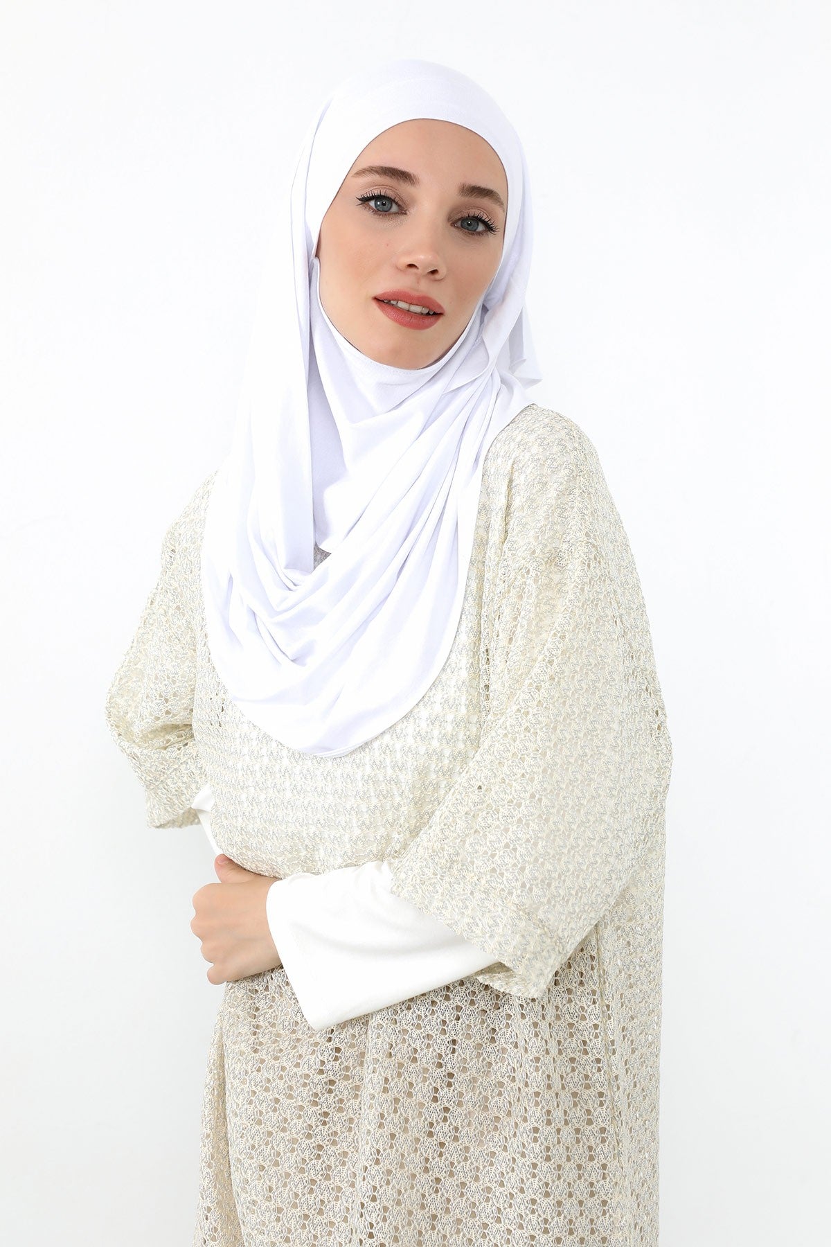 Neck-Covering Jersey Hijab with Built-In Niqab and Undercap, Premium Jersey Hijab with Integrated Bonnet and Face Veil,PS-58 White