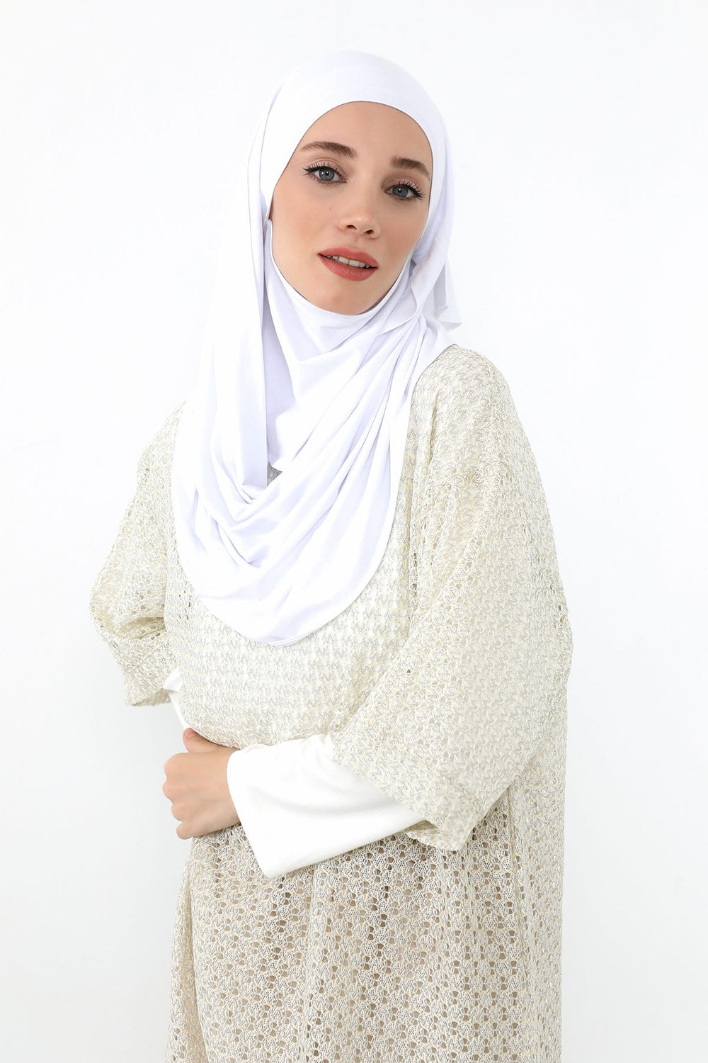 Neck-Covering Jersey Hijab with Built-In Niqab and Undercap, Premium Jersey Hijab with Integrated Bonnet and Face Veil,PS-58 White