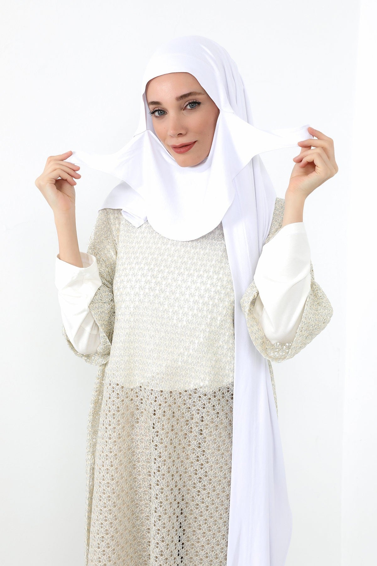 Neck-Covering Jersey Hijab with Built-In Niqab and Undercap, Premium Jersey Hijab with Integrated Bonnet and Face Veil,PS-58 White