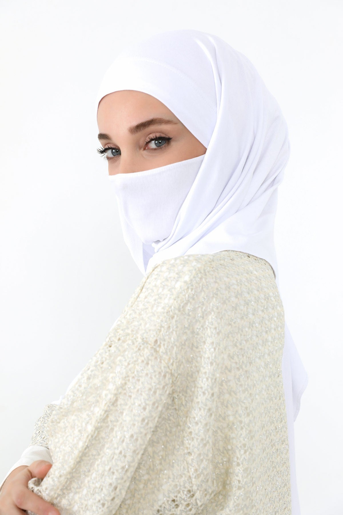 Neck-Covering Jersey Hijab with Built-In Niqab and Undercap, Premium Jersey Hijab with Integrated Bonnet and Face Veil,PS-58 White
