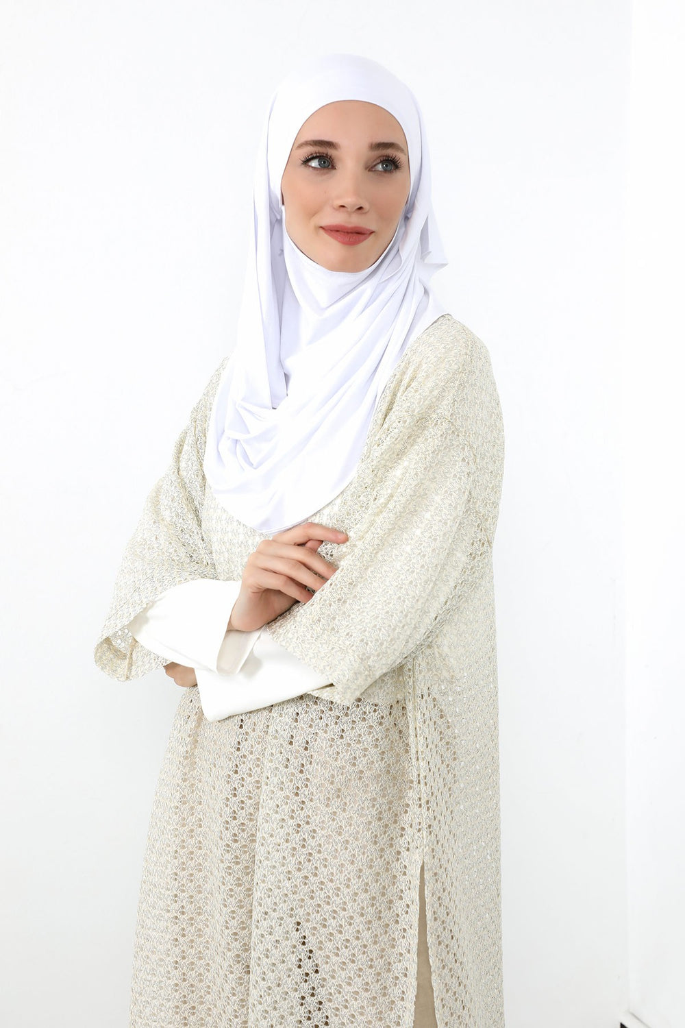 Neck-Covering Jersey Hijab with Built-In Niqab and Undercap, Premium Jersey Hijab with Integrated Bonnet and Face Veil,PS-58 White