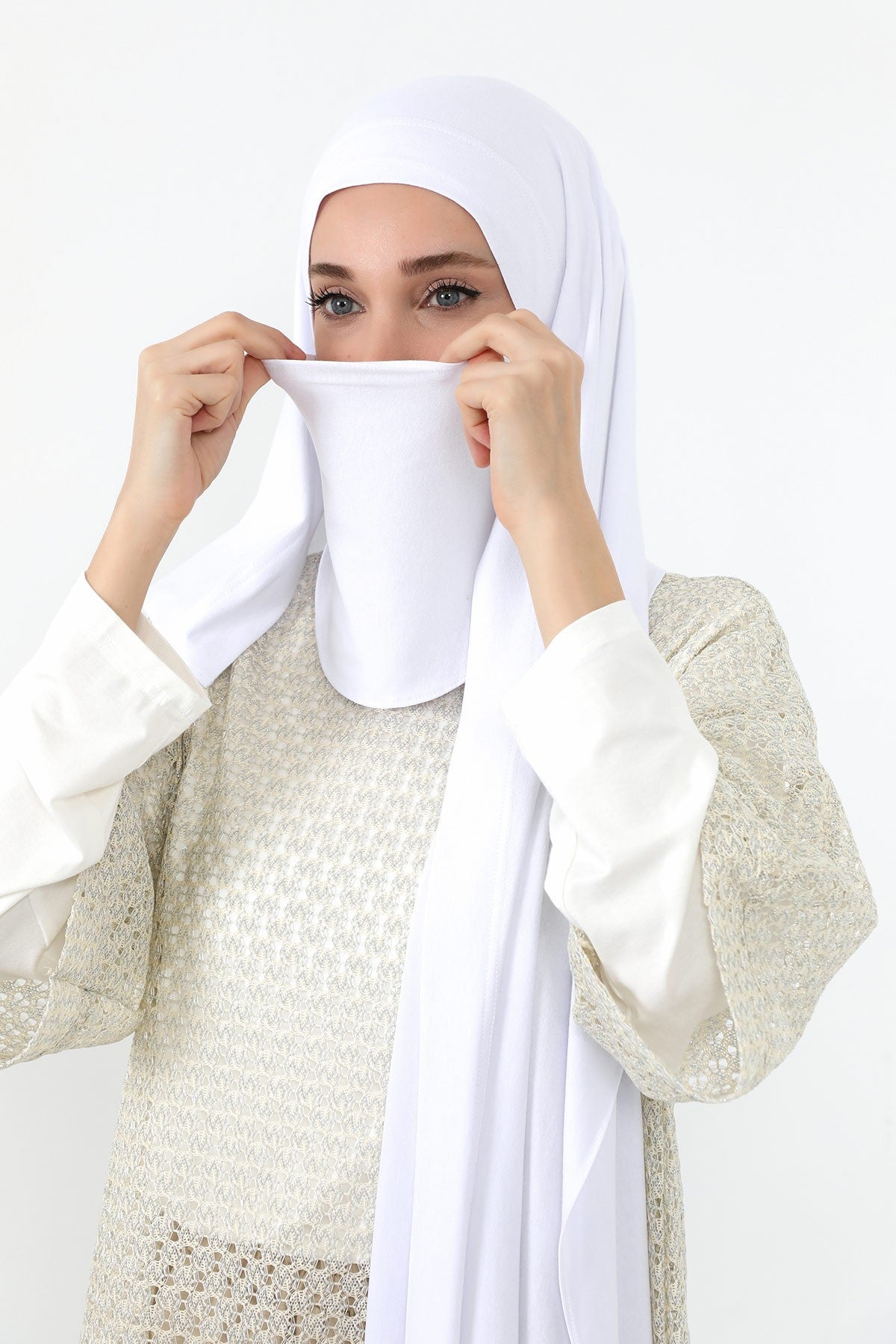 Neck-Covering Jersey Hijab with Built-In Niqab and Undercap, Premium Jersey Hijab with Integrated Bonnet and Face Veil,PS-58 White